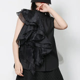 Solid Shirt For Women Stand Collar Sleeveless Ruffle Trim Button Through Blouse Female Fashion Clothing Style