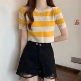 Classic Bump Striped Short-Sleeved Ice Silk Knitted Women's Summer T-Shirt Short Repair Small Shirt