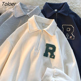 Street American Half Zip Long Sleeve POLO Shirt Sweatshirt Gray Cotton Oversized Pullover Korean Streetwear Winter