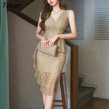 Korean Vintage Sleeveless Midi Party Club Dress Ladies Elegant Sexy Lace Perspective Ruffle Bodycon Split Pencil
