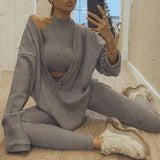 V-neck Loose Harajuku Gray Pullover Women Long-sleeved Shirt And Turtleneck Tank Top 2 Pieces Set Sexy Knitted