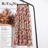 Summer Chiffon Beach Boho Maxi Women Skirt High Waist Floral Print Vintage Holiday Ruched Long Fashion Skirts