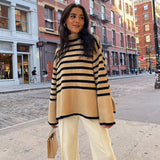 2022 Autumn Winter Oversized Knitted Pullover Women Turtleneck Long Sleeve Khaki Striped Loose Sweater Casual