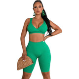 Solid Color Backless Crop Top And Shorts Casual Sports Two Piece