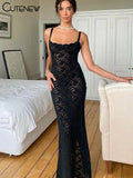 Women's Elegant Black Lace Long Maxi Dress Elegant Backless Sleeveless Suspender Long Dress Summer Street Casual Vestidos-Outfit
