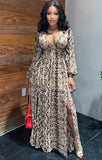 Formal Snake Skin V-Neck Long Sleeve Maxi