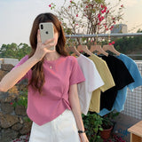 Irregular T-shirt Women Summer Skinny T Shirt Femme Solid Short Sleeve Korean Kpop Slim O-Neck Tshirt Woman Clothes Top-Outfit
