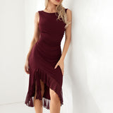 Women Sleeveless Bodycon Dress Evening Party Summer Clothes Chic and Elegant Solid Color Backless Mesh Ruffled Dress-Outfit