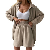 Piece Sets Women Outfits Harajuku Spring Fall Clothes Solid Color Loose Long Sleeve Button-up Shirt Casual High Waist Short-Outfit