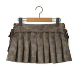 PU Leather Pleated Mini Skirt With Shorts lining Sexy Metal eyelets Cross Bandage Low Waist Short Skater Coffee Black-Outfit