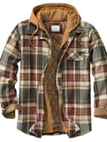 Men's Brown Plaid Patch Fleece long-sleeved loose hooded