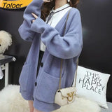 Women Autumn Solid Thicker Warm V-neck Pockets Loose Womens Sweater Ins Simple All-match Knit Tops 4-colors Korean