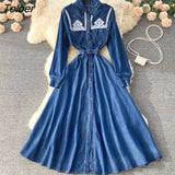 Vintage Embroidery Denim Maxi Dress Women Spring Lapel Pocket Lantern Sleeve Long Vestidos Belt Boho Beach Casual
