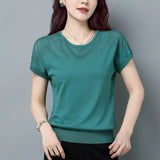 Summer Women's Pullover Round Neck Hollow Solid Short Sleeve Tee T-shirt Fashion Casual Elegant Holiday Office Lady Tops-Outfit