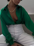 Cuffs Elegant Women Shirts 2023 Satin Spring Fashion Button Down Blouse Long Sleeves Loose Turndown Collar Tops