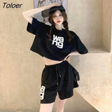 Street Casual Sports Suits Women Summer Short T-shirt Tops Wide Legs Shorts Fashion Running Two Piece Sets Womens