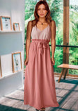 Printed Sweet V-neck Sleeveless Stripe Belted Maxi