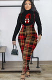 Casual Print Long Sleeve Top And Plaid Suspender Pant 2 Piece