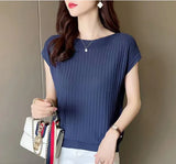 Silk Knitted Women Loose 2025 Summer New Gray Top Collar Thin Short-Sleeved T-Shirt