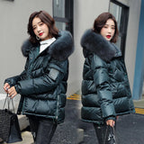 Women Winter Hooded Thick Short Jacket Solid Casual Glossy Warm Cotton Padded Parkas Fur Collar Winter Coat