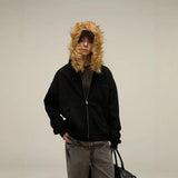 Selling Vintage Fur Collar Couple Hooded Zip Open-Air Jacket Oversize Design Niche