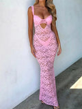 Women Summer V-neck Long Dress Sleeveless Strap Backless Mesh See Through Lace Floral Hollow Out Party Dress 2024 New-Outfit