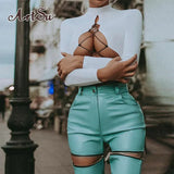 ArtsuWomen Fashion Sexy Cross Lace Up Hollow Out Bodycon T-Shirts Female Solid Long Sleeve Slim Crop Top Tees
