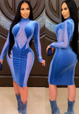 Sexy Velvet Mesh Patch High Neck Long Sleeve Bodycon