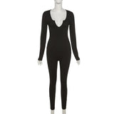 Women Solid Color Ribbed Knitting Jumpsuit Sexy Front Long Sleeve Fitness Slim Skinny Rompers