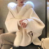 Wool Bat Sleeve Flocking Coat Autumn and Winter Imitation Fox Fur Loose Hooded Cloak Cashmere Jacket Fur Shawl
