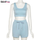 Puss 2 Piece Sets Women Casual Cotton Tracksuit Fitness Tank Top Drawstring Shorts Activity Stretchy Summer Street