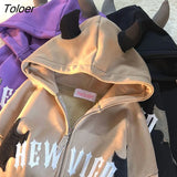 Fun Anime Devil Horn Gothic Zip Up Hoodie Jacket Men Women Oversized Sweatshirt Kawaii Clothes Winter Loose Casual