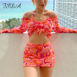 2021 Mesh Tie Dye Print Long Sleeve Crop Top Women Bandage Summer Transparent Beach Y2K Orange See Through Sexy T