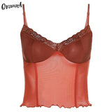 Sexy Women Sleeveless Camisole Y2K Tops Mesh Patchwork Lace Ruffles Backless Summer Vacation Streetwear Fashion