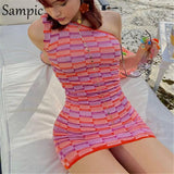 Summer 2021 Party Knitted One Shoulder Sweat Dress Mini Women Tie Dye Sleeveless Y2K Chic Bodycon Wrap Club