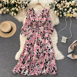 Women Chiffon Floral Dress Korean V Neck Short Sleeve Belt A-line Dress Summer Boho Print Ruffles Beach Midi