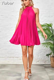 Summer Elegant Solid Color Mini Dress Sexy Sleeveless Pleated Women Loose Black Blue O-Neck Female Street White