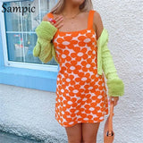 Orange Floral Print Casual Beach Knitted Y2K Strap Summer 2021 Sexy Women Mini Dress Wrap Party Fashion Bodycon
