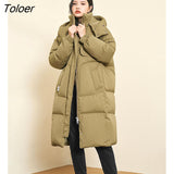 Women Thick Down Jacket 2022 Winter Stand Collar Duck Down Warm Windproof Long Coat with Pocket Green Casual