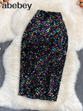Women Sequins Glitter Pencil Skirt 2022 Fashion Autumn Winter High Waist Slim Bodycon Skirt Knee Length Club Party