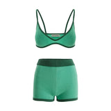 Women Knitted Bikini Shorts Set Contrast Color Bra Camisole with Elastic High Waist Shorts Summer Beachwear Outfit-Outfit