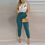 Fashion Sleeveless Playsuits With Belt 2024 Spring/Summer New V-neck Backless Printed High Waist Jumpsuit For