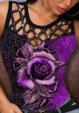 O-Neck Floral Print Hollow Out Tank