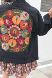 Fashion Vintage Multi Floral Embroidered Denim Loose Jacket Women Cowboy Lapel Casual Denim Coat Streetwear