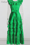 Hollow Out Lace Dress For Women Slash Neck Short Sleeve Off Shoulder High Waist Spliced Ruffles Long Dresses Female