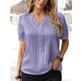 Summer Hollow Out Short Sleeve Tops Office V-neck Blouse Women Lace Mujer Loose Ladies Simple Casual Shirts Elegant