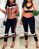 crop top & high waisted pants & hooded jacket casual female set 3 piece clothing set sleeve style collar