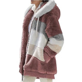 Warm Hooded Jacket Winter Zipper Casual Patchwork Loose Coat Fashion Faux Fur Parka Fleece Drawstring Plus Size