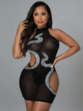 Sexy Black Rhinestone Round Neck Cut Out Sleeveless Bodycon