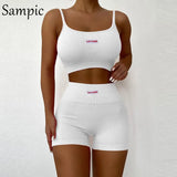Knitted Summer Sexy Women Tracksuit Shorts Two Piece Set Sport Letter Print Tops And Mini Biker High Waisted Shorts
